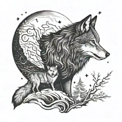 A Mystical Night Sky With A Wolf And Fox Howling At The Moon