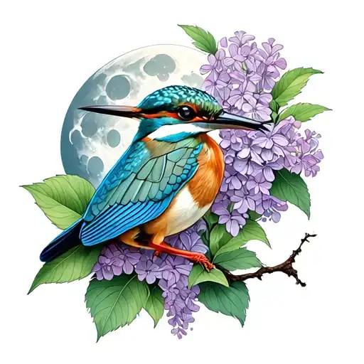 Lilacs And Kingfisher And Chinese Moon Moth Perched