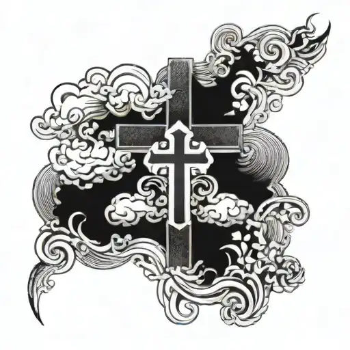 Cross With Clouds That Say My Mothers Keeper Tattoo Black