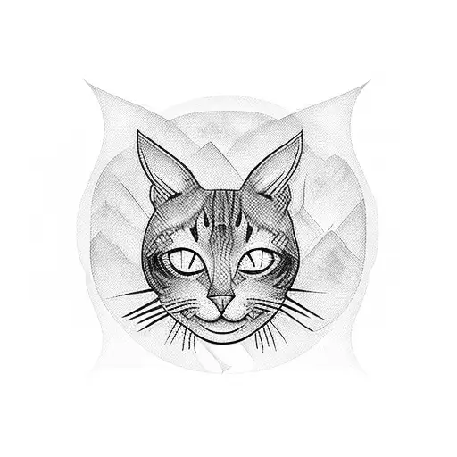 A Blackwork Tattoo Of A Cat Silhouette Against The Backdrop Of Rio De Janeiro's Skyline