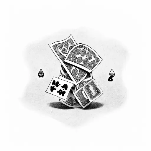 A Stack Of Cash Surrounded By Playing Cards And Dice