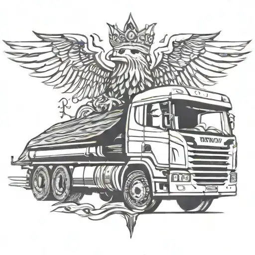 Scania Truck With A Eagle That Has A Crown And Ontop Of The Crown Is The V8 Logo