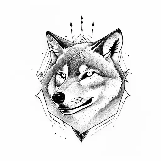 A Tattoo Design Featuring A Wolf And A Sword In A Blackwork Style