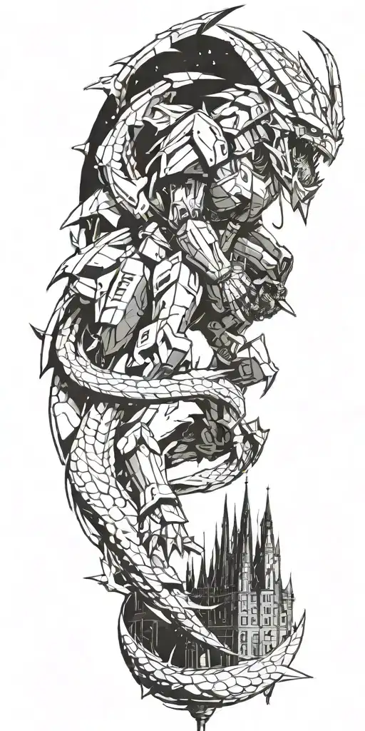 A Futuristic Gundam Battling A Dragon In A Medieval Castle