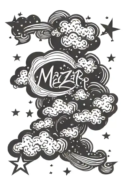 Clouds As The Background With Stars Around The Word Mazar In Cursive Writing