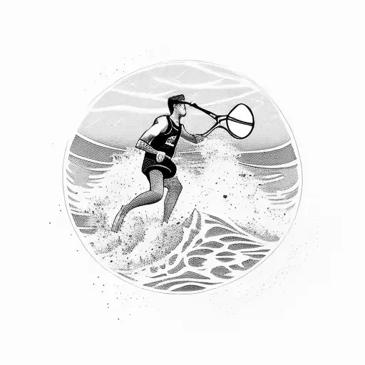 A Beach Tennis Player Diving To Hit The Ball With A Wave Crashing In The Background