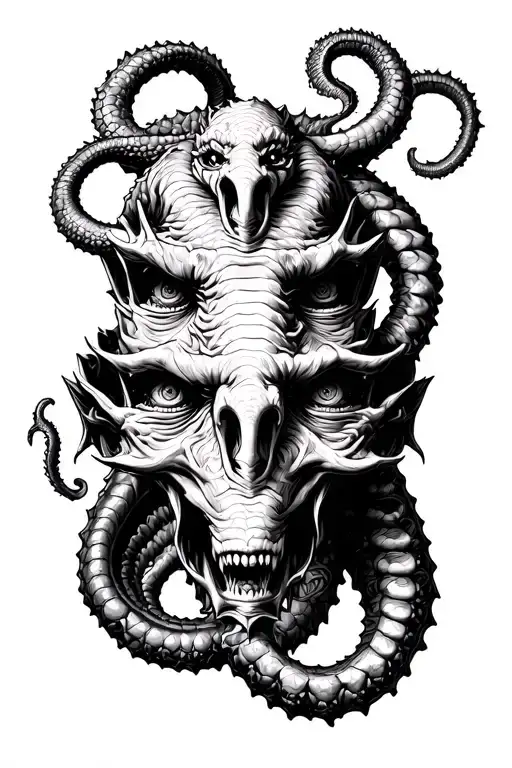 Hydra With Three Head And Each Of The Faces Representing See No Evil Speak No Evil Hear No Evil
