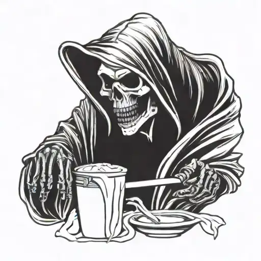 Traditional Blackwork Tattoo Grim Reaper Brushing Teeth