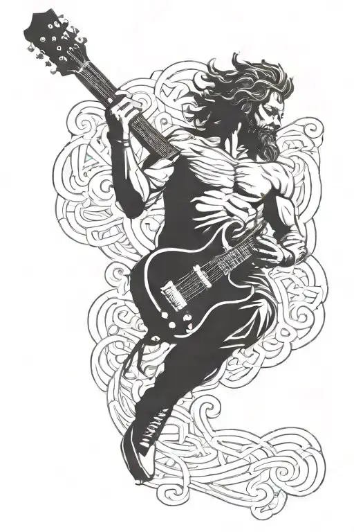 A Metal Music Inspired Tattoo Of A Greek God Playing An Electric Guitar In Blackwork Style