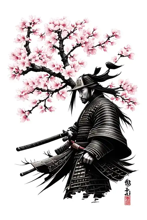 Samurai Front Of Cherry Blossom With A Kaizen Write
