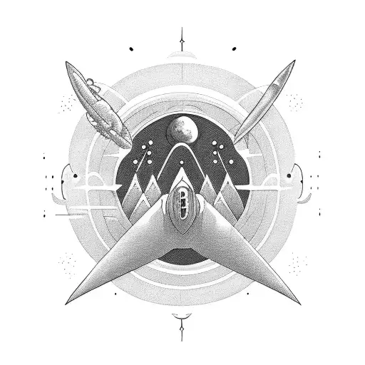 A Blackwork Tattoo Of A Spaceship Exploring A Distant Galaxy