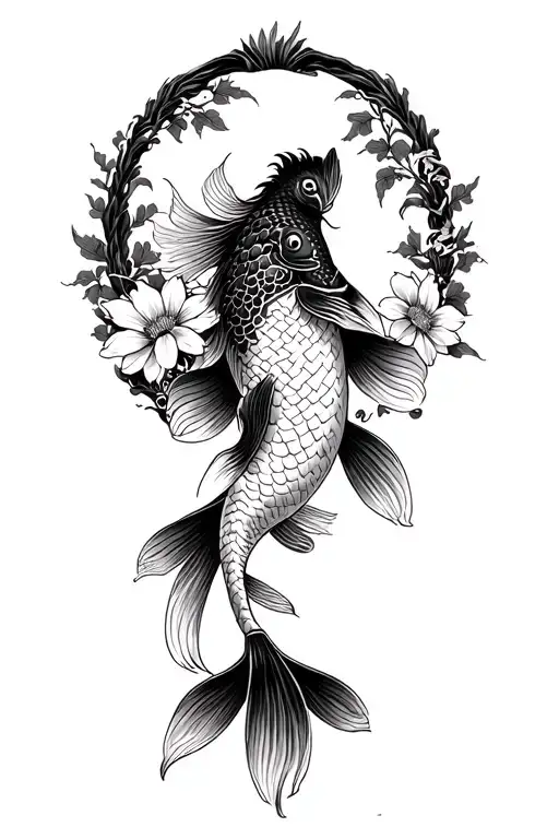 Samurai And Koi Fish With Flowers