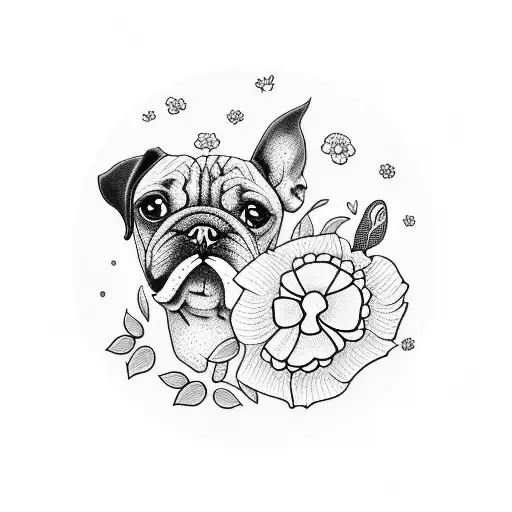 A Blackwork Tattoo Depicting A Dog And Cat Sharing A Peaceful Moment In A Field Of Flowers