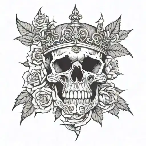 Skull Wearing A Crown Made Of Thorns Surrounded By Dark Roses