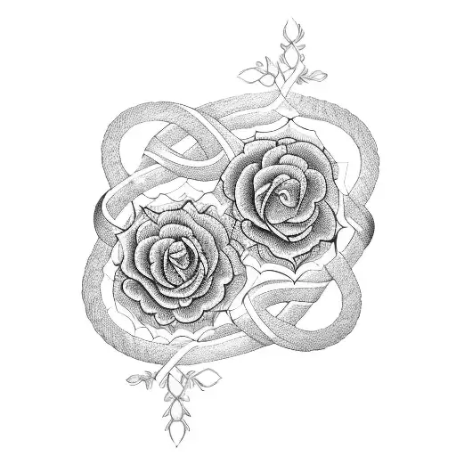 An Elegant Blackwork Tattoo Of Intertwined Initials Of A Couple With Delicate Floral Elements