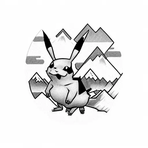 A Realistic Blackwork Tattoo Of A Pikachu Surrounded By Mountain Peaks