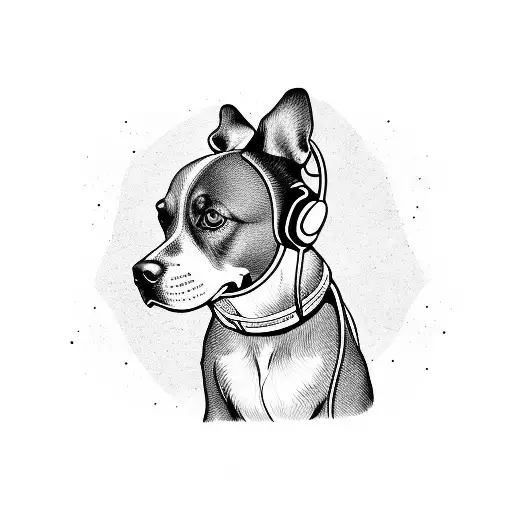 A Blackwork Tattoo Of A Dog Wearing Headphones And Listening To Music