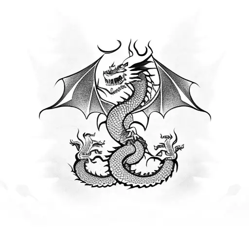 A Dragon Guarding A Chinese Temple In A Blackwork Style