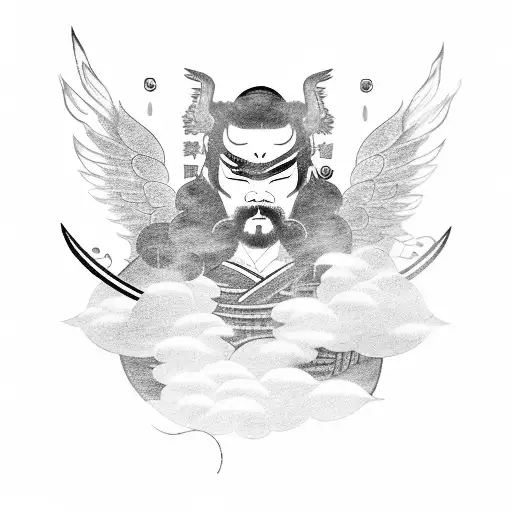 A Samurai Warrior Emerging From A Cloud Of Smoke Holding A Sword And Wearing Angelic Wings