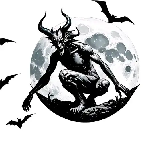 Devil Crouching On A Full Moon Surronded By Bats In Space