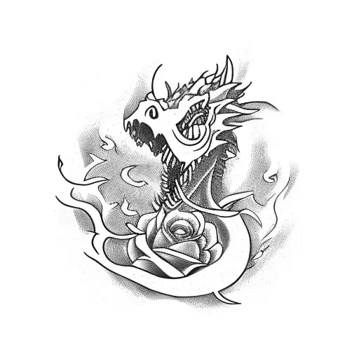 A Fierce Dragon Breathing Fire Surrounded By Black Roses On The Right Forearm