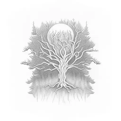 A Hauntingly Beautiful Blackwork Tattoo Of A Piano Surrounded By Twisted Trees And Creeping Shadows
