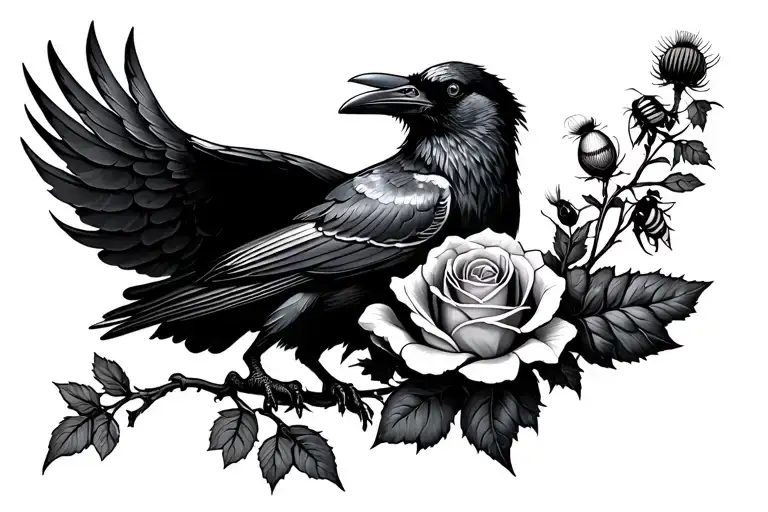 Flying Raven On Rose With A Bee And Thistle