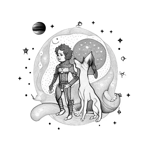 Astronomy-inspired Tattoo Of A Small Prince And His Dog In A Blackwork Style