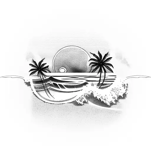 A Beach Sunset With Palm Trees And Waves Crashing