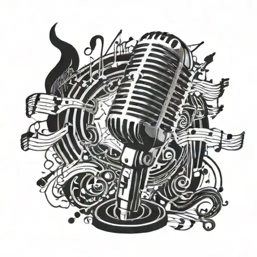 A Detailed Blackwork Tattoo Of A Microphone Surrounded By Music Notes And Concert Crowd Silhouettes