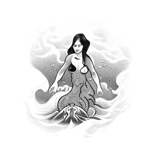 A Bold Blackwork Tattoo Showcasing A Powerful Image Of A Woman Emerging From The Depths Of The Ocean