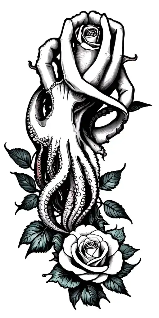Squid Shoulder Tattoo With Rose On Hand