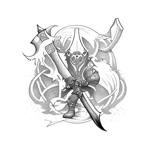 A Tattoo Design Combining A Computer System With An Axe And Sword