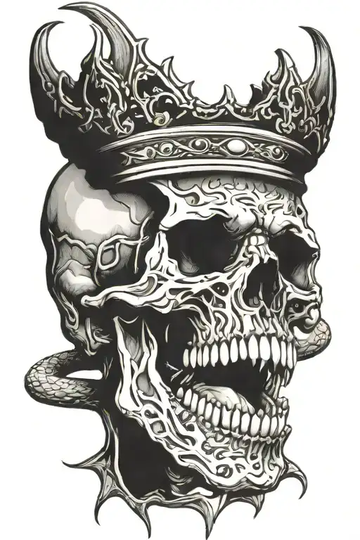 Skull With Crown And Snake Out Of Mouth Open
