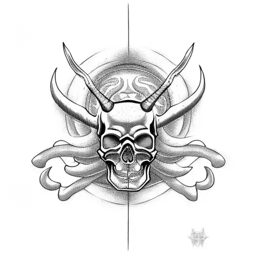 A Neo Traditional Tattoo Of A Rock Music Inspired Skull With Horns And Ornamental Details