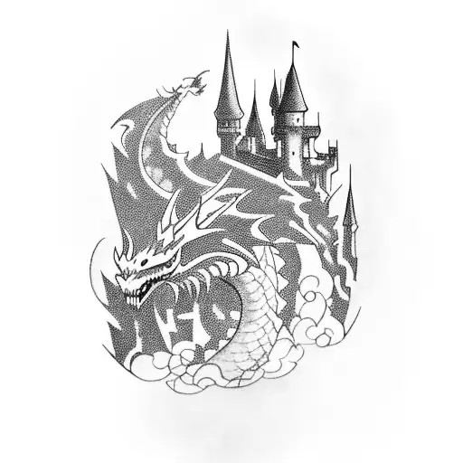 A Mystical Rpg-inspired Landscape With A Dragon Perched On A Castle