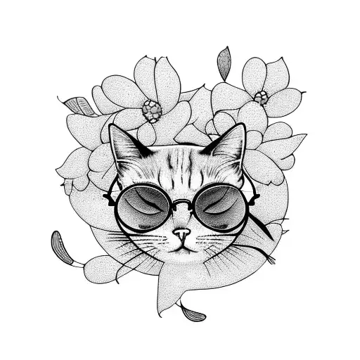 A Sleeping Cat Wearing Harry Potter Glasses Surrounded By Flowers