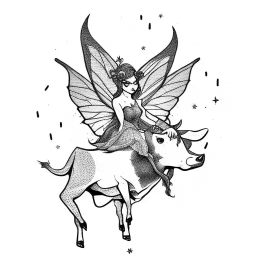 A Whimsical Fairy Riding A Cow Through A Mystical Forest