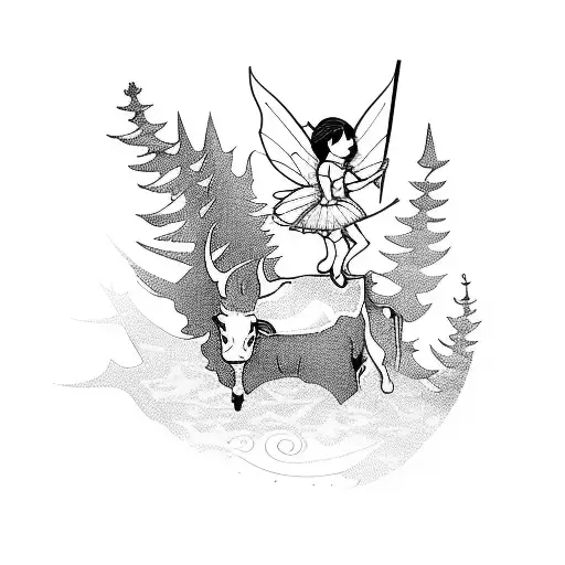 A Whimsical Fairy Riding A Cow Through A Mystical Forest