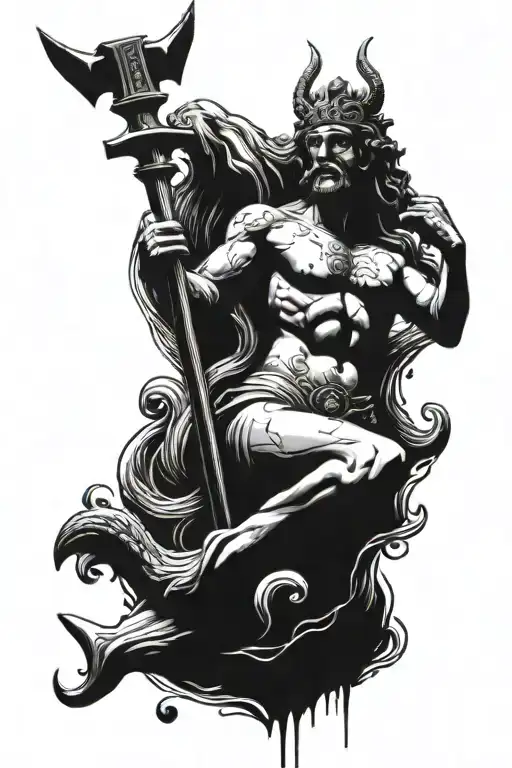 Posiden Statue In Water Looking To The Right Holding A Trident