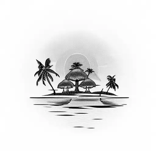 A Serene Sunset Over A Deserted Island With Palm Trees