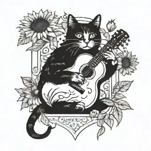 A Blackwork Tattoo Of A Cat Playing A Guitar Surrounded By Sunflowers