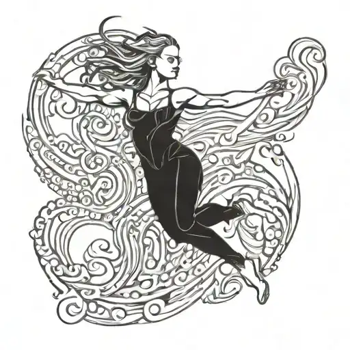 An Alex Grey Inspired Tattoo Of A Dancing Figure Skater Surrounded By Swirling Ice And Fire Elements