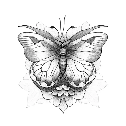 A Blackwork Tattoo Of A Butterfly Emerging From A Blooming Flower In A Serene Forest Setting