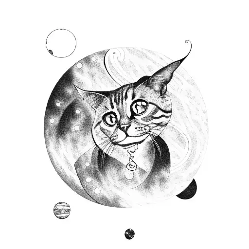 A Blackwork Tattoo Of A Galaxy With A Cat Sitting On A Planet