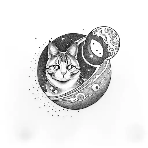 A Blackwork Tattoo Of A Galaxy With A Cat Sitting On A Planet