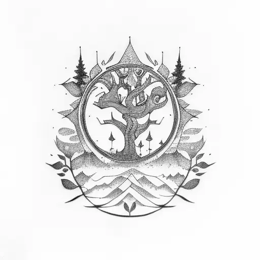 A Dotwork Tattoo Of A Mystical Forest With Hidden Magical Symbols