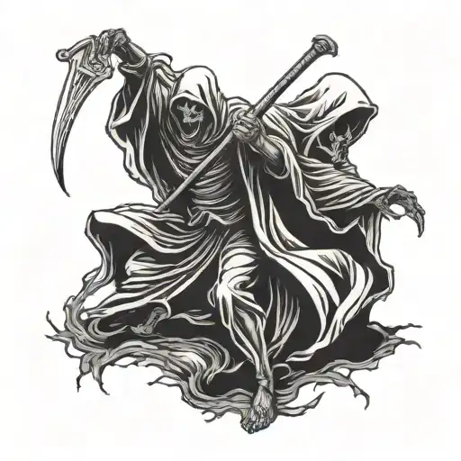Grim Reaper With A Scythe Fighting A Kneeling Man Blocking His Attack With A Wooden Rod Overhead