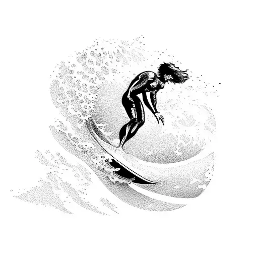 A Mystical Scene Of A Surfer Riding A Giant Wave That Transforms Into A Waterfall