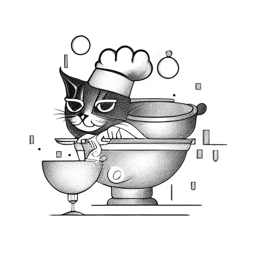 A Whimsical Blackwork Tattoo Of A Cat Chef Cooking In A Cauldron